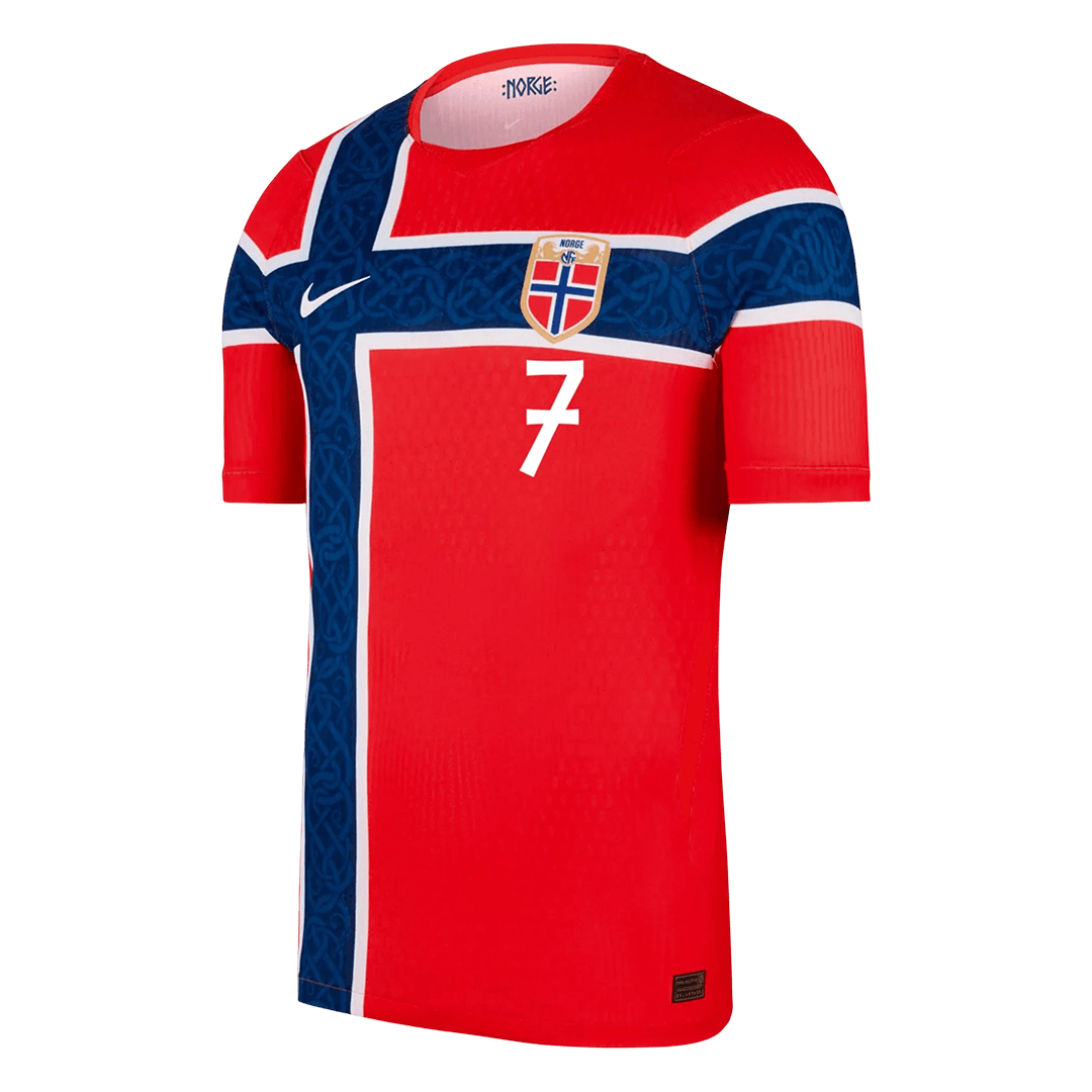 Maillot de foot domicile coupe ajustée SØRLOTH #7 Norvège Coupe du Monde 2026 version joueur homme