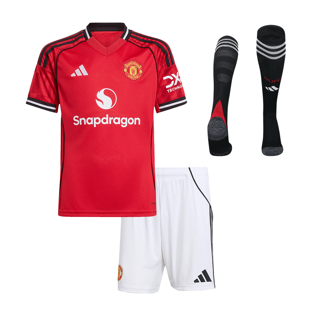 Kit complet maillot de football domicile Manchester United 2025/26 pour enfant