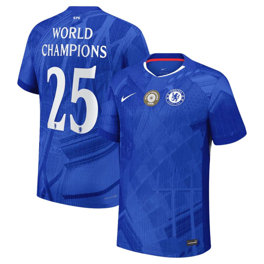 CHAMPIONS DU MONDE Maillot de foot domicile Chelsea 2025/26 pour homme – Version joueur – Coupe ajustée